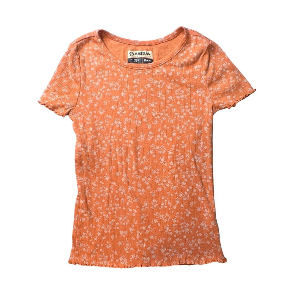 Magellan Outdoors Shirt Girls M 8-10 Orange Summerville Floral Ribbed Lettuce